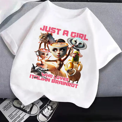 Italian Brainrot T-Shirt Kids Cartoon Anime Print Clothes Round Neck Basic Boys Tops Absorbent Casual Shirts Gift