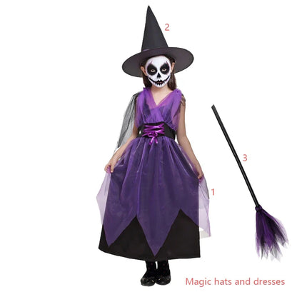 Kids Witch Halloween Costume Witch Cosplay Dress and Magic Hat Set Carnival Party Clothes for Girls Gothic Vampire Costume