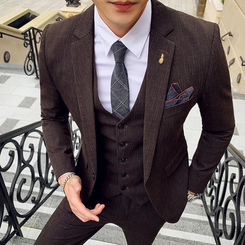 ( Blazer + Vest + Pants ) High-end Formal Casual Business Striped Fashion Men's 3 Piece Suit Groom Wedding Dress Suit