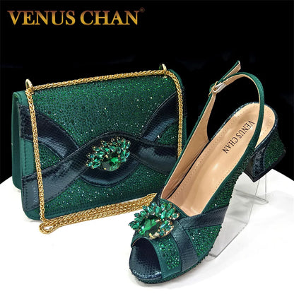 2025 Elegant Green Peep-Toe Heel Pumps for Women with Diamond Accents - Italian Matching Shoes and Bags Set for Parties