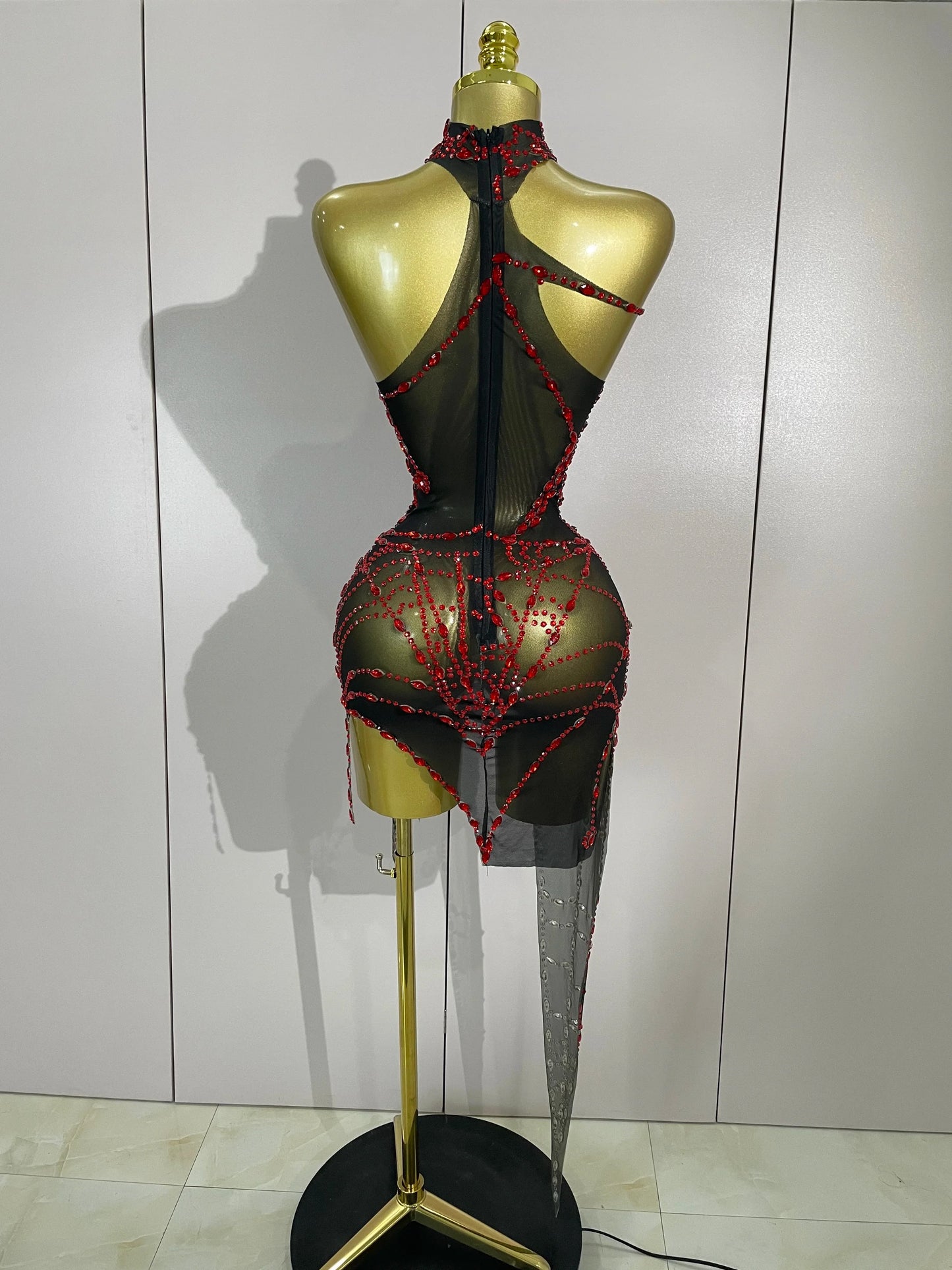 STOCK Sparkly Diamond Sexy Mesh Asymmetric Bodycon Mini Dress Women Nightclub Bar Party Show Gogo Dancer Clothing Stage Costume