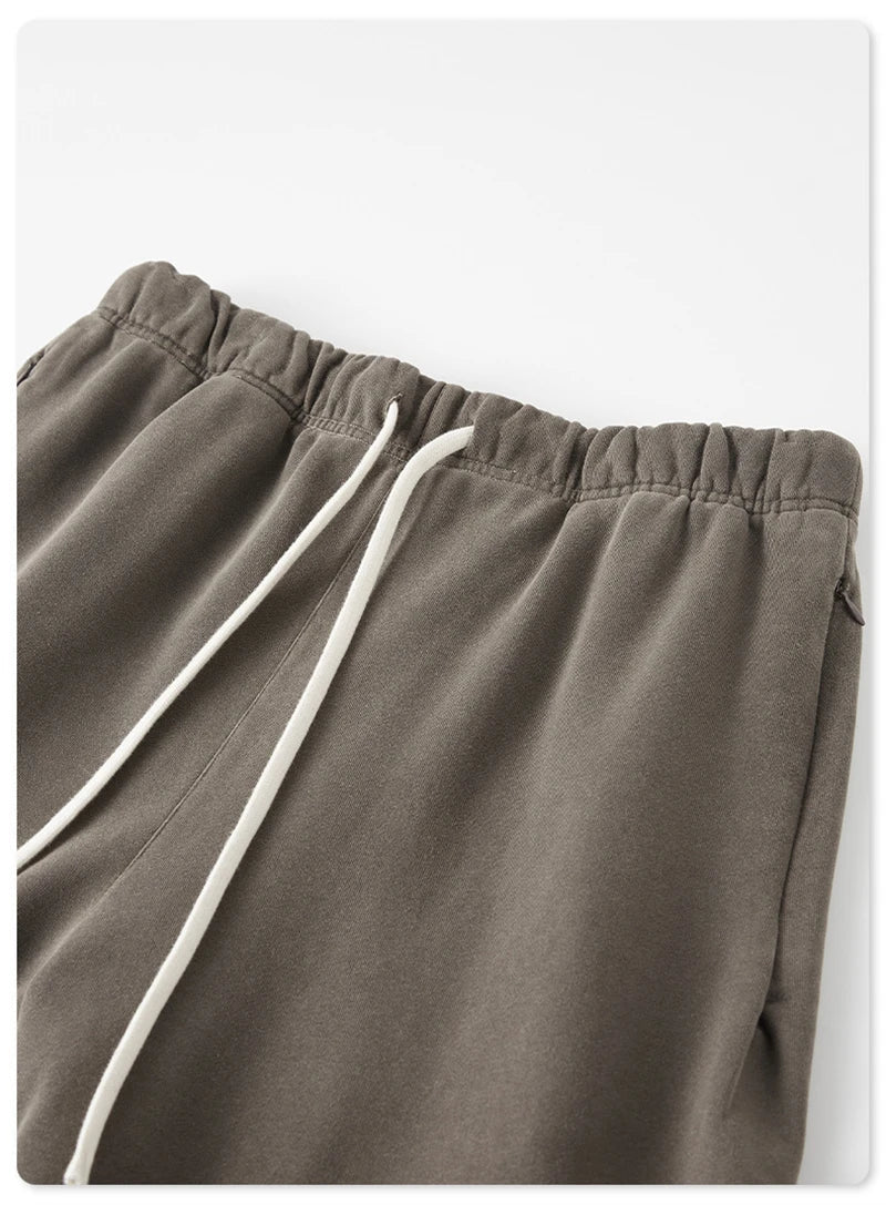 New Summer Men Retro Washed Shorts Unisex Drawstring Loose Edge 420gsm Solid Knee Length Cotton Pants Streetwears HY0589
