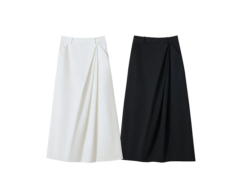 Minimalism 2025 New Long Skirts For Women Summer Vocation Black Pleated Elegant Office Lady Commuting Loose Skirt 12542102