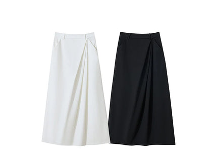 Minimalism 2025 New Long Skirts For Women Summer Vocation Black Pleated Elegant Office Lady Commuting Loose Skirt 12542102