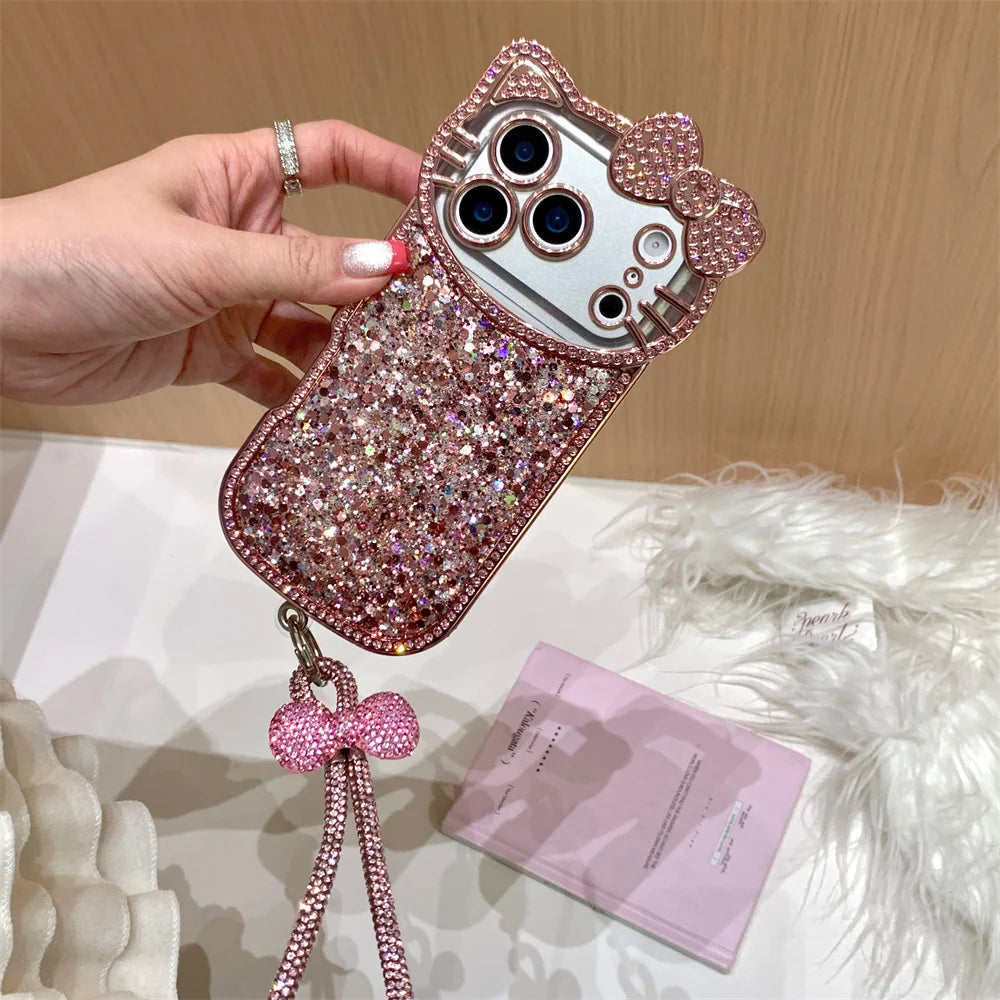 Cute Camera 3D Hellokitty Luxury Glitter phone case for iPhone 17 11 12 13 14 15 plus 16 Pro Max Fundas With Chain Shockproof Ca
