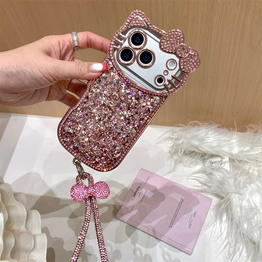 Cute Camera 3D Hellokitty Luxury Glitter phone case for iPhone 17 11 12 13 14 15 plus 16 Pro Max Fundas With Chain Shockproof Ca