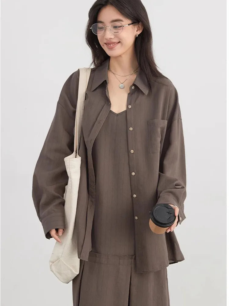 Women Dress Sets Stripe Shirt Loose Casual Long Sleeve Sunscreen Blouses Camisole V-neck Dresses Spring Autumn 2025