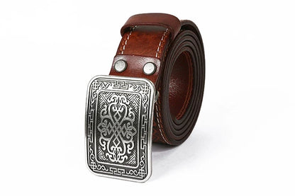 3.8cm Chinese Pattern Cowboy Smooth Buckle Men's Belt Ceinture Homme Yellow Belt Male Wide Jeans Men Genuine Leather Belt