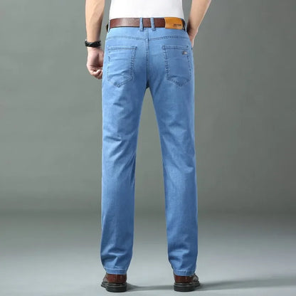 New Ice Silk Thin Denim Jeans for Men Blue Straight Stretch Cotton Denim Pant Business Casual Lightweight Trousers Spring Summer