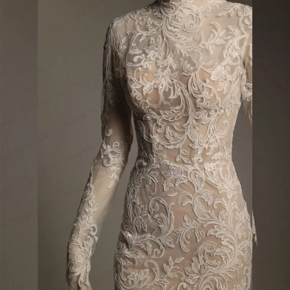 Lace Wedding Dresses Women High Neck Full Sleeve Applique Mini Bride Gowns Elegant vestido de novia Above Knee Customized