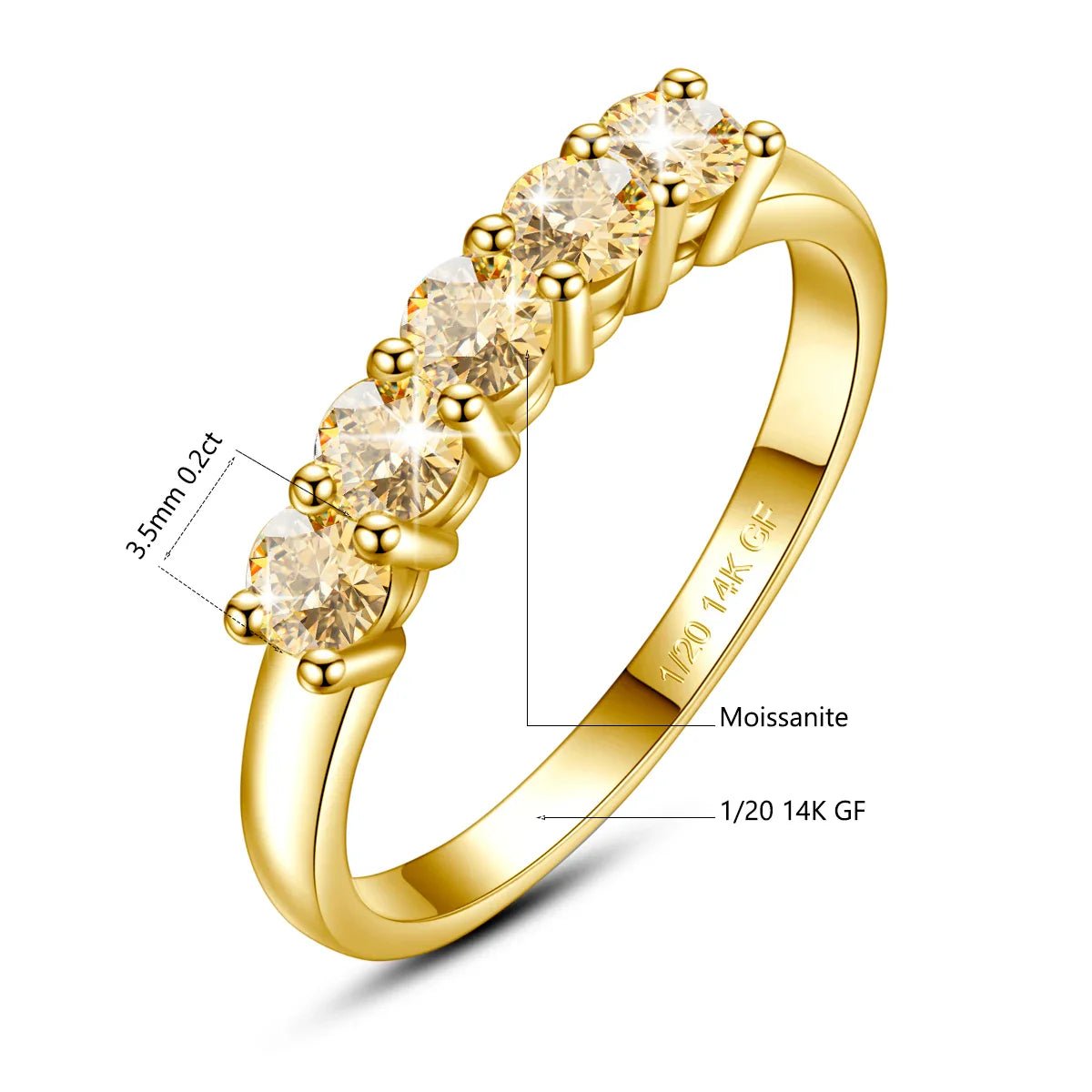 Real 14K Gold Filled Stacking Ring Five Stone Moissanite Wedding Band Finger Jewelry Accessories Anti fading Waterproof