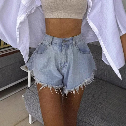 2026 New Women's Umbrella Denim Shorts High Waisted Summer Elastic Tassel Jean Booty Shorts