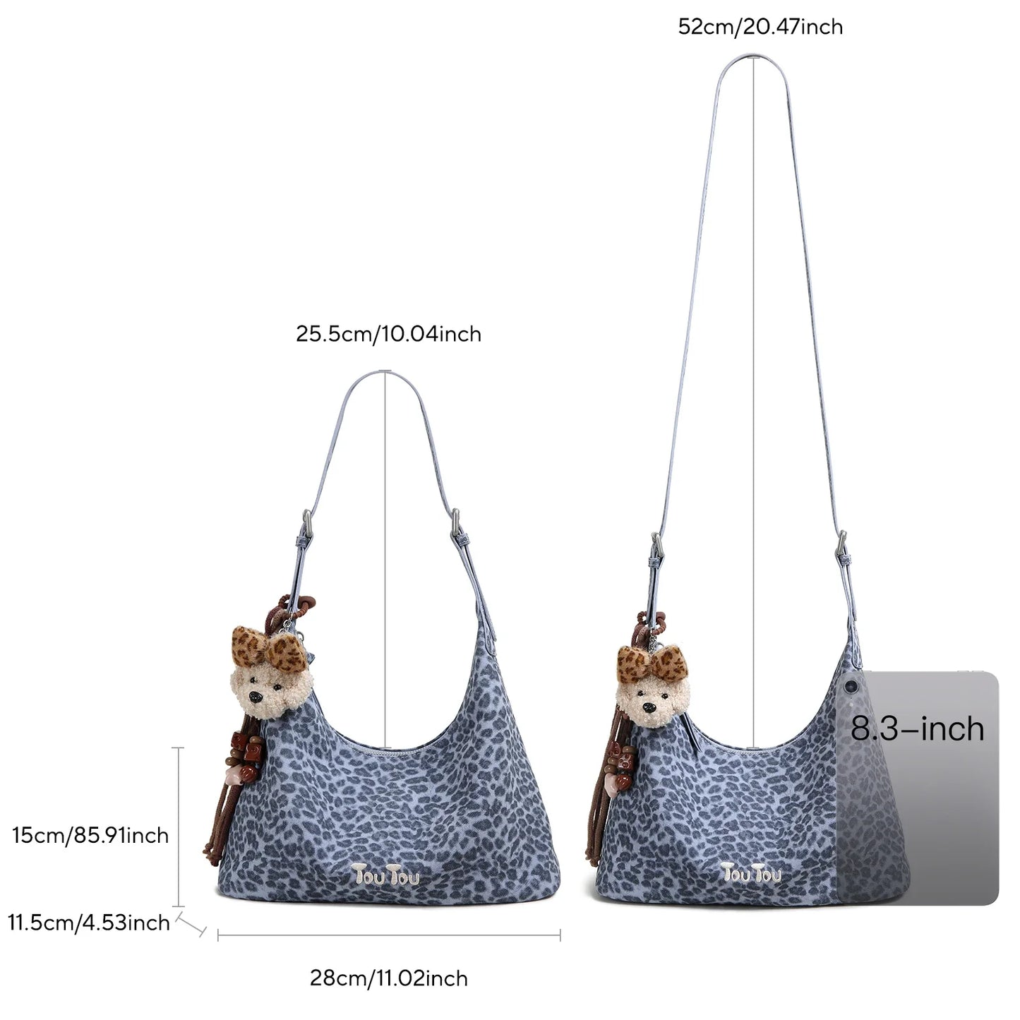 y2k leopard Print Shoulder Bag, Cute Puppy Pendant, Large Capacity Hobo Bag for Women's Casual Commute 3-Way Carry