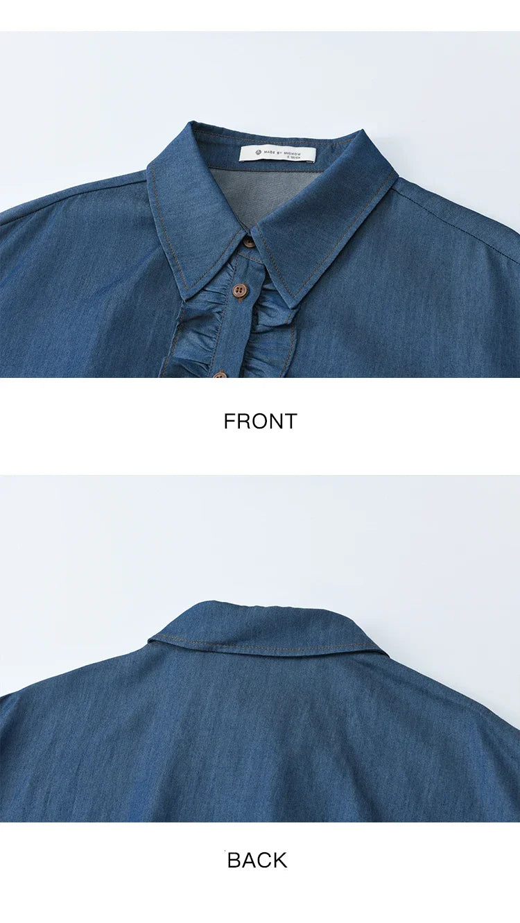 Blue Lyocell Imitation Denim Shirt for Women Autumn 2025 Ruffled Placket Contrasting Button Waist Cinc Shirt MXE43C2386