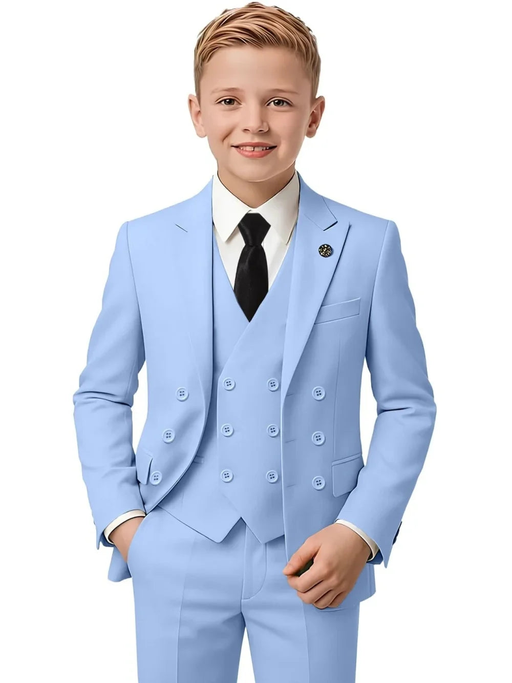 New Hot Sale Boys Slim Fit Tuxedo 3 Pieces Piano Performance Wear Double Breasted Kids Suit Set Banquet Party Outfit Plus Size
