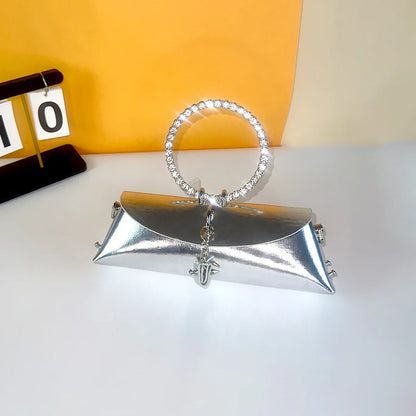 Clutch Bag Luxury Designer Handbag for Women 2025 with Chain Metal Ring Handle PU Leather Rhinestones Purses Shoulder Bag