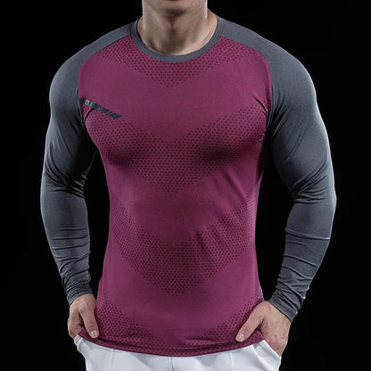 Autumn Winter Men Gym Fitness Display Long Sleeve T-Shirt Crew Neck Elastic Moisture Wicking Tights Running Training Bottom Top