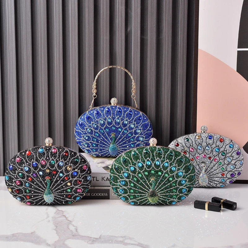 New Peacock Pattern Handbags Diamond Evening Bags for Women 2024 Fashion Luxury Evening Clutch and Purse Rhinestone Shoulder Bag