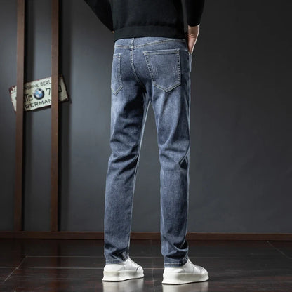 2025 Winter Fleece Jeans Men's Fashion Elastic Slim Straight Warm Trousers Thicken Business Casual Korean Thermal Denim Pants