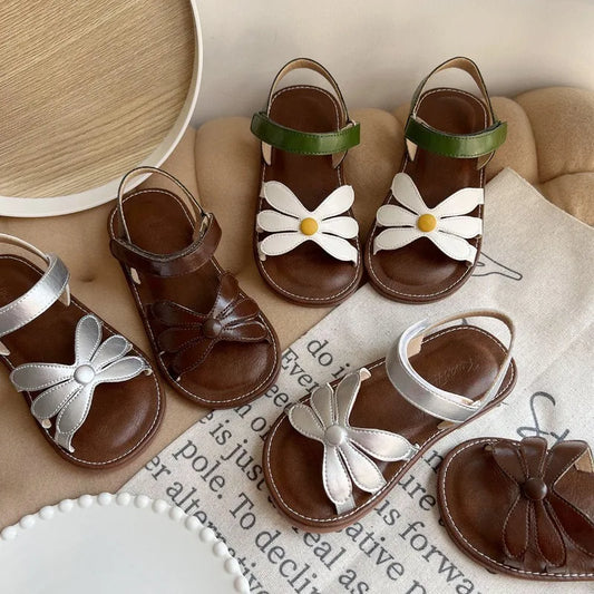 Girl's Sandals Hollow-out Solid Fashion Color Flower Leather Kids Sliders Open Toe Light Sweet Hook-loop Summer Children Shoe