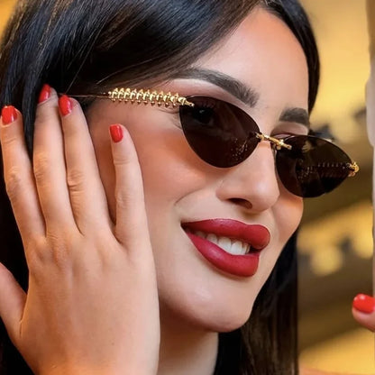 2026 Cat Eye Rivet Rimless Sunglasses Women Luxury Fashion Brand Oval Narrow Sun Glasses Shades Trendy Elegant Unique Eyewear