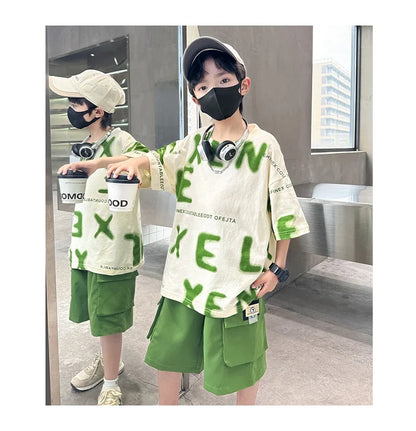 New Fashion Tween Boys Summer Sets Clothing Kids Cotton T-shirt Shorts 2 Pieces Tracksuit Age 5 6 7 8 9 10 11 12 13 14 Years Old
