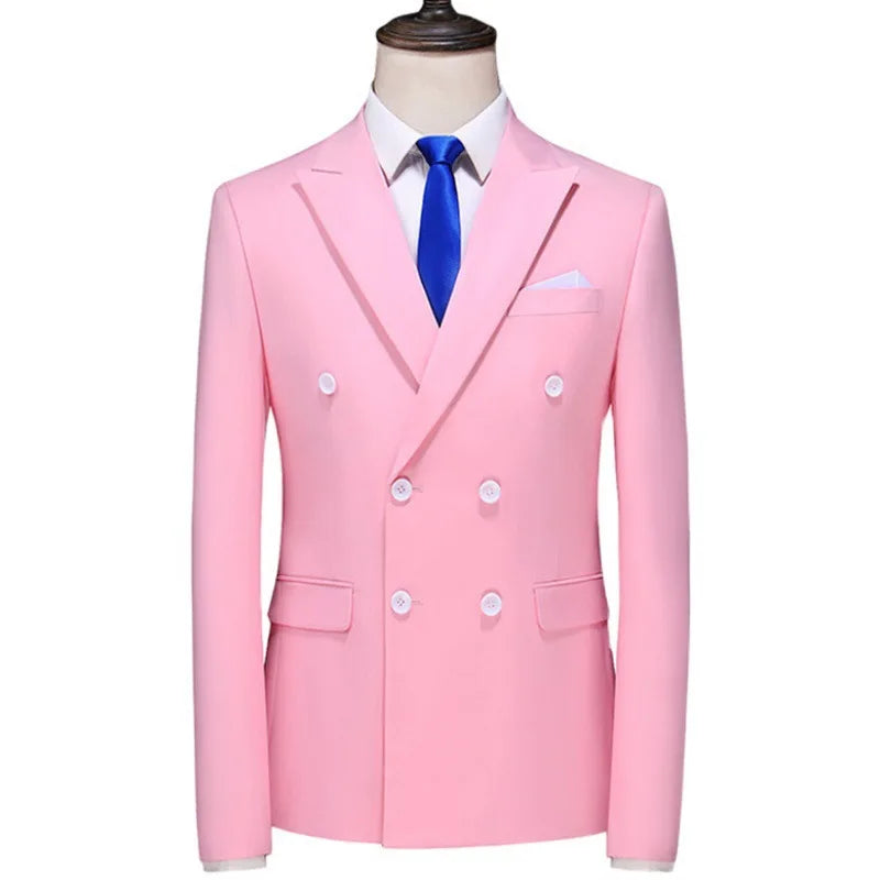 17 Colors Men Fashion Double Breasted Suit Jacket Korean Classic Solid Color Formal Business Office Slim Casual Wedding Blazers