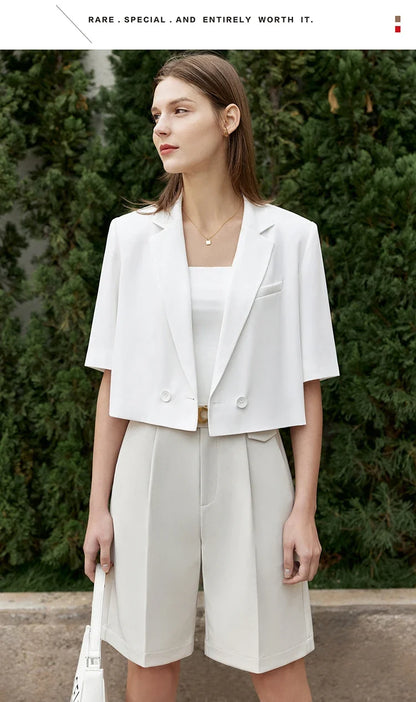 Minimalism Women's Jacket Casual Blazer 2024 Summer Shirts Office Lady Black Business Blazers Short Sleeve Tops 12322062