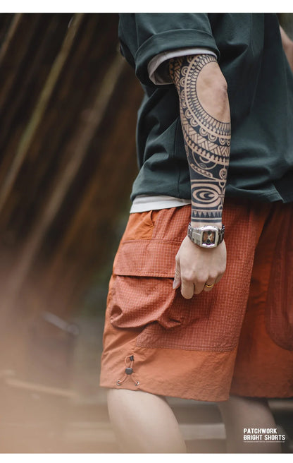 Summer Men Straight Shorts Orange Patchwork Gingham Loose Beach Pants Plus Size Shorts Elastic Waist Light Breathable
