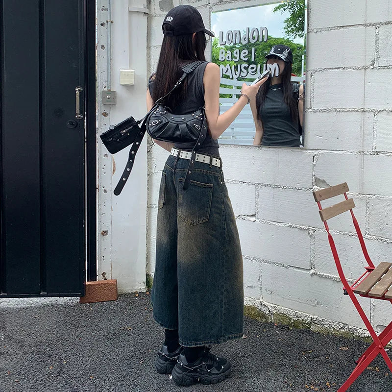 2024 American Vintage High Waist Mid Long Baggy Denim Shorts Women's Casual 2000s Y2K Wide Leg Grunge High Street Style Shorts