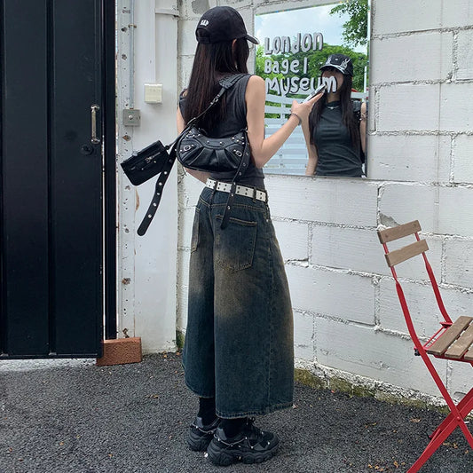 2024 American Vintage High Waist Mid Long Baggy Denim Shorts Women's Casual 2000s Y2K Wide Leg Grunge High Street Style Shorts