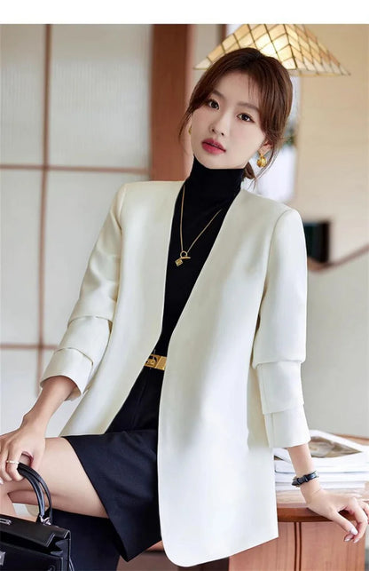 Fashionable Versatile Spring Autumn Women's Blazer Jacket Korean Style Street Style Long Sleeve Suit Coat Pure Color Commute...