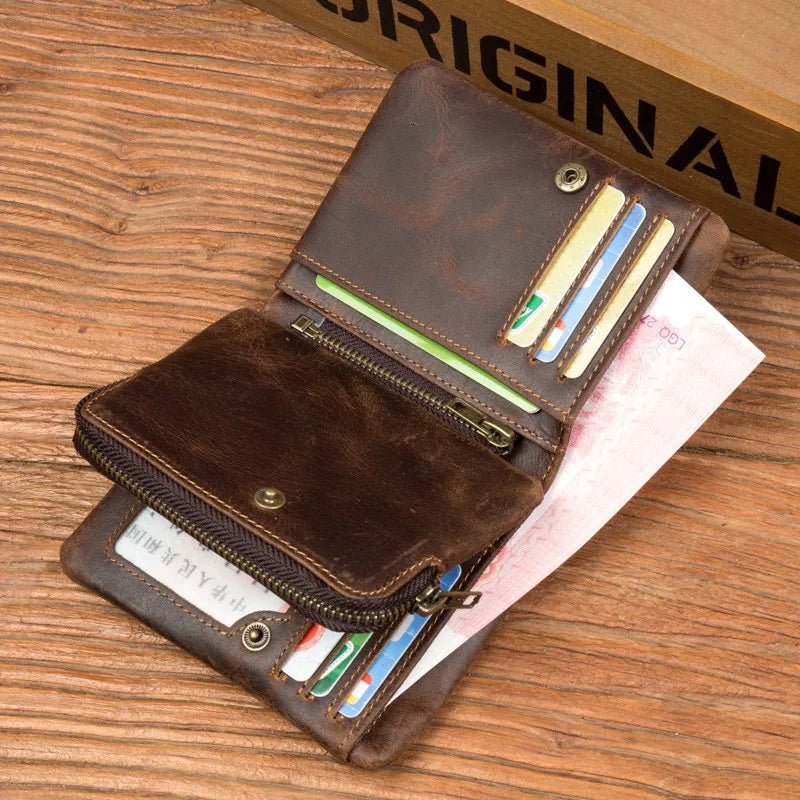 Handmade crazy horse leather wallet retro vertical zipper wallet first layer cowhide simple old wallet man