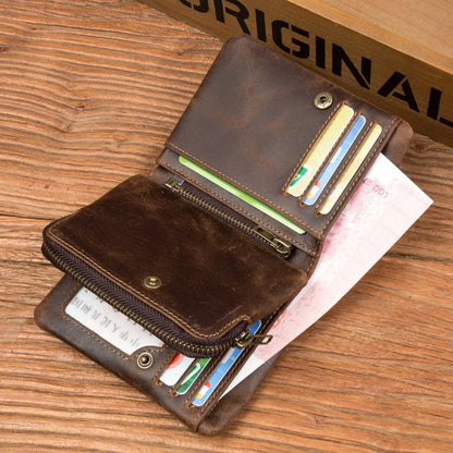 Handmade crazy horse leather wallet retro vertical zipper wallet first layer cowhide simple old wallet man