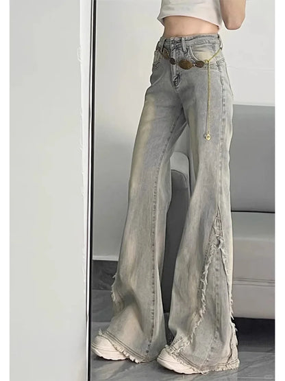 Vintage Casual Trashy Flared Pants Women's Y2K Tassels Full Length Denim Trouser Street Retro Grunge 2000s High Waist Jeans