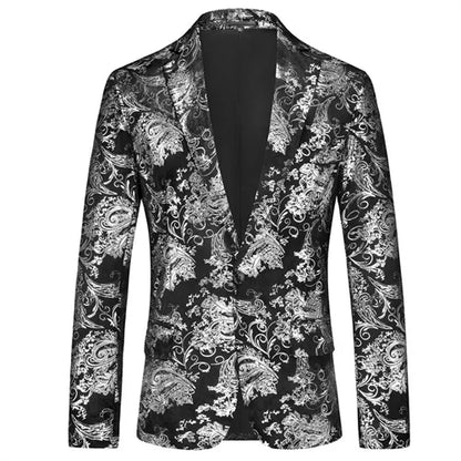 New Men Luxury Velvet Suit Foil Stamped Printed Jacket , Fashion Male Business Social Wedding Prom Party Dress Slim Fit Blazers