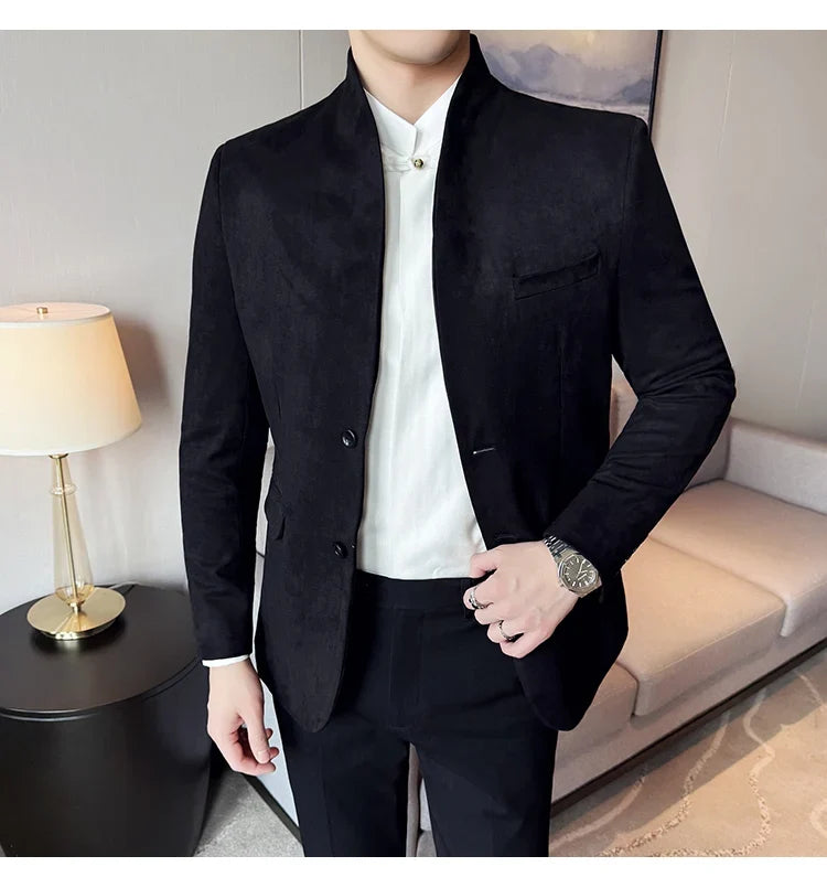 New Blazer Cowhide Velvet Korean Version Business Slim Fit Suit Stand Collar Fashionable Casual Suit Jacket Men Formal Clothing