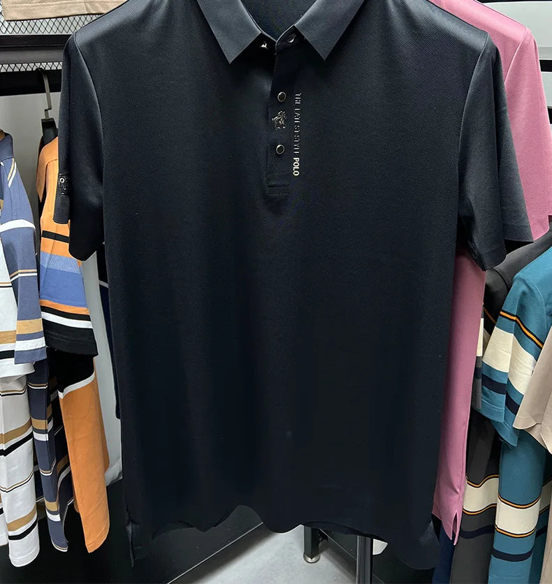 High quality silk breathable short sleeve POLO shirt men's lapel top 2024 summer new light luxury brand printed casual T-shirt
