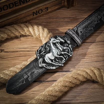 Western Cowboy PU Leather Belt - Men Waist Strap Bull Decoration Floral Engraved for Jeans