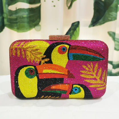 Novelty Toucan Bird Women Crystal Evening Bags Rhinestones Box Minaudiere Clutch Party Cocktail Handbag Diamond Chain Purse