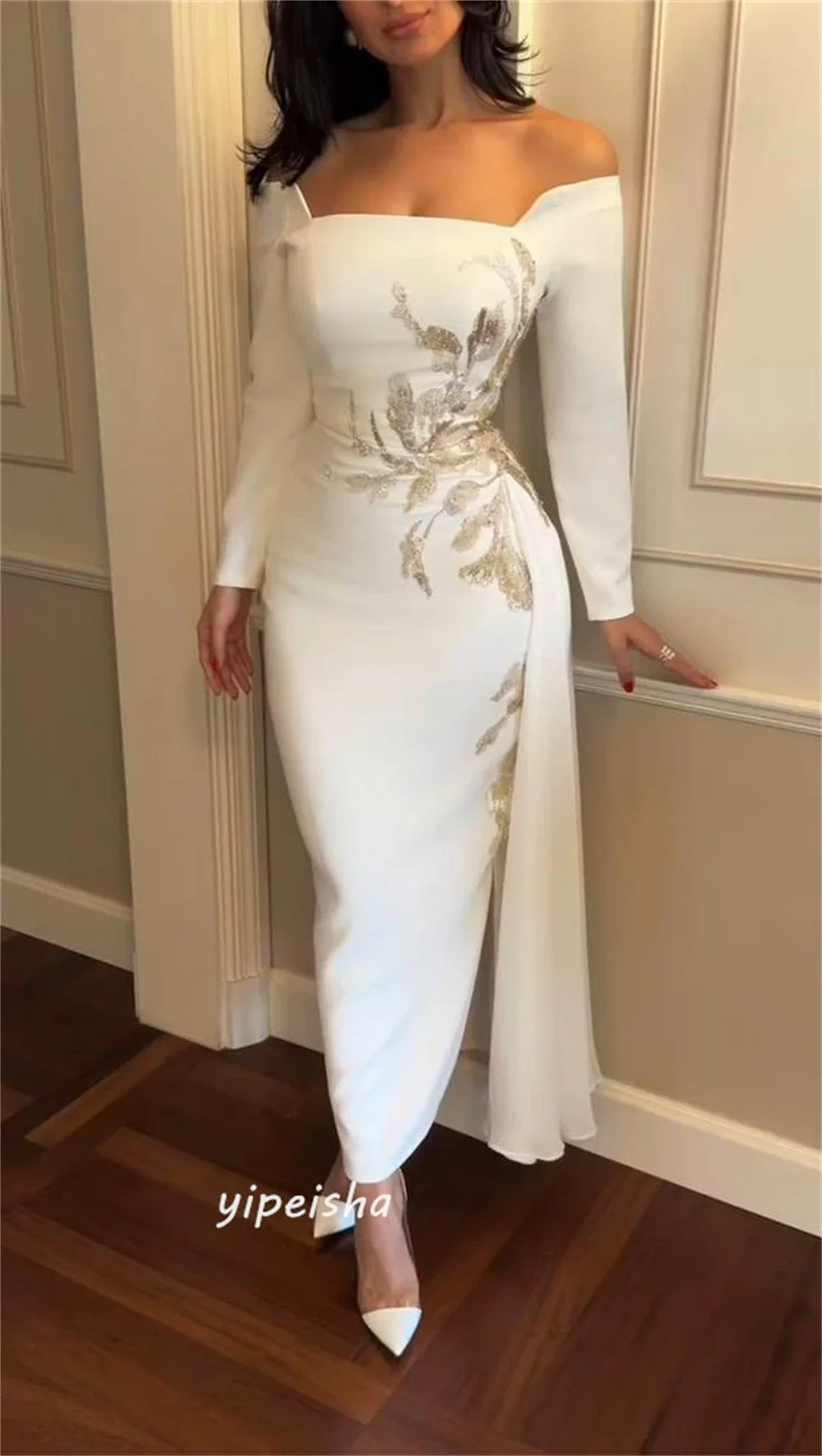Customized Jiayigong High Quality  Jersey Beading Draped Valentine's Day Sheath Off-the-shoulder Bespoke Occasion Gown Midi Dres