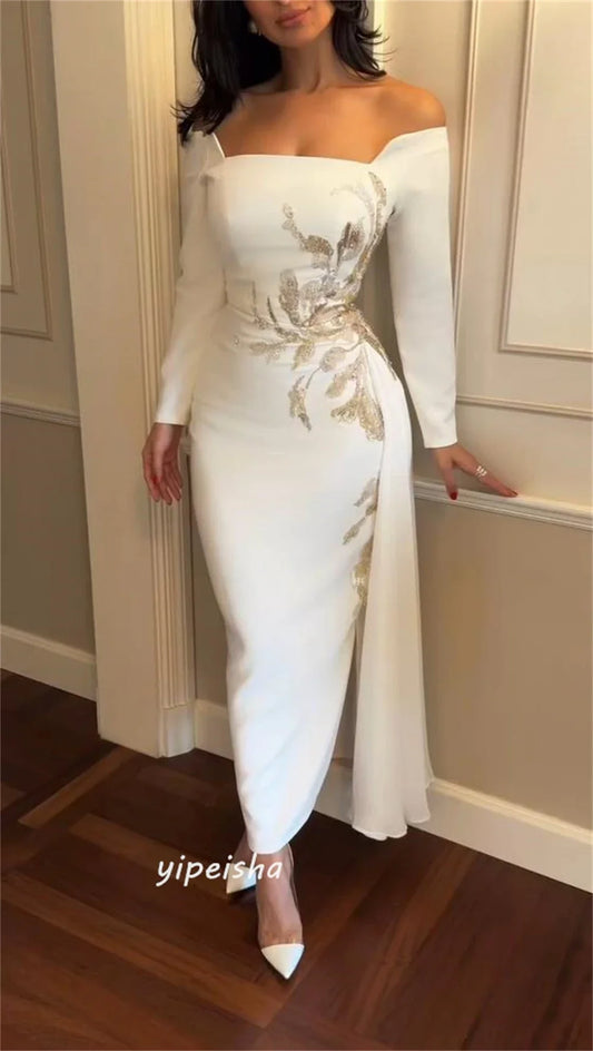Customized Jiayigong High Quality  Jersey Beading Draped Valentine's Day Sheath Off-the-shoulder Bespoke Occasion Gown Midi Dres