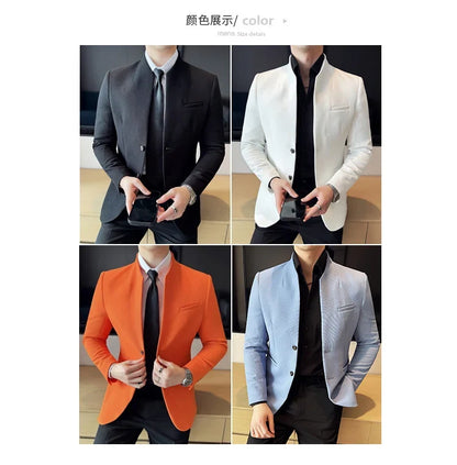 New Chinese Stand-Up Collar Suit Jacket High Quality Waffle Business Slim Fit Men's Social Party Suit Dress Men's clothing 5XL-M