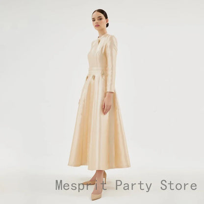 A Line Satin Evening Dress Long Sleeves Saudi Arabia Dress Ankel Length  Prom Dress Beading Long Formal Party Gown