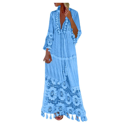 Ladies Bohemian V-Neck Tassel Large Size Casual Dress Women Lace Solid Fashion Dress Elegant Robe Boho Holiday Long Dress