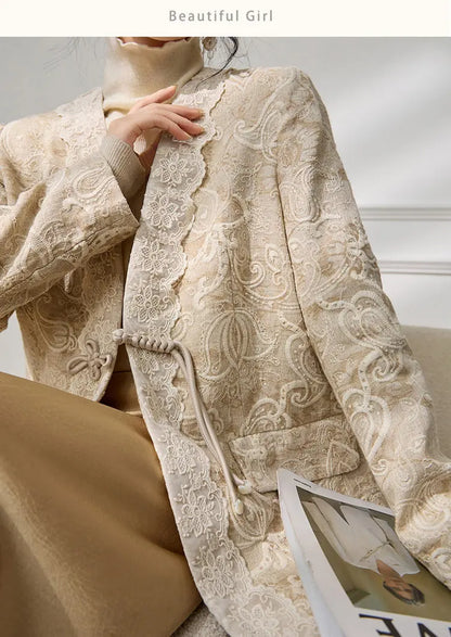 Women's Jacquard Blazer Lace Patchwork Frog Button Jacket Chinese Style Slim Fit Elegant Office Wear Spring Autumn Coat
