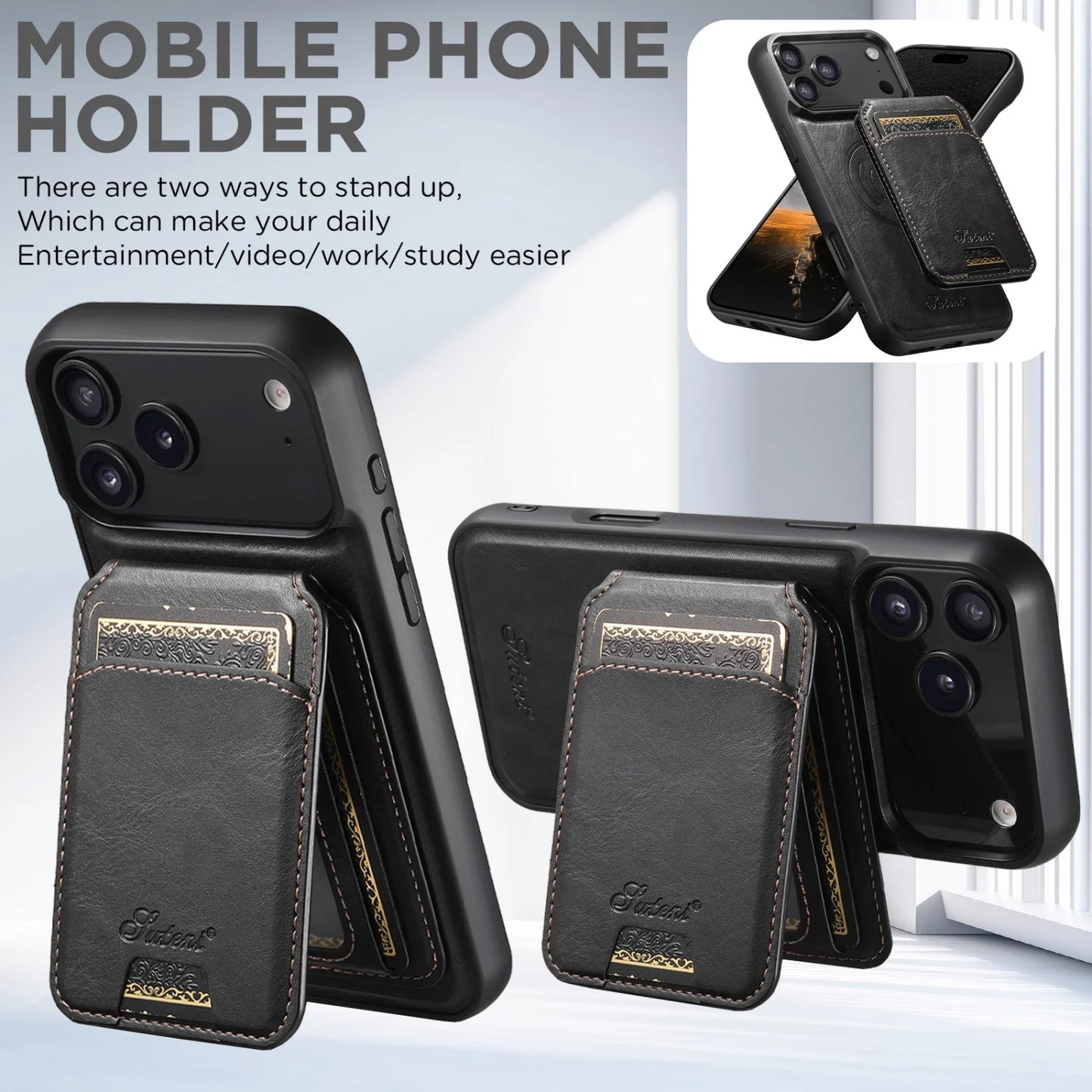 لجراب iPhone 17 Air/16E/15/14/12/13 Promax Plus اثنين في واحد، تغطية كاملة من مادة TPU مع حامل بطاقات وإدخال بطاقة مغناطيسية وجراب جلد