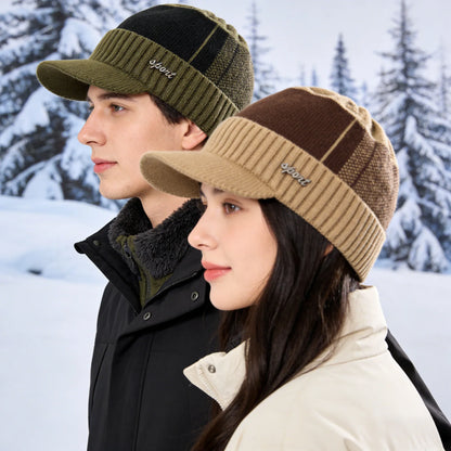 New Unisex Warm Winter Hat With Brim Add Fur Lined Beanie Hat Sports Label Thicken Winter Hats For Men Women Knitted Hat