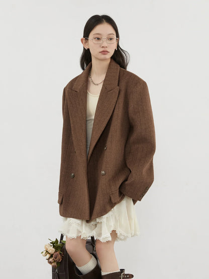 Women Woolen Blazer Loose Vintage V Neck Female Jacket Suit Double Breasted Office Ladies Coat Spring Autumn 2025