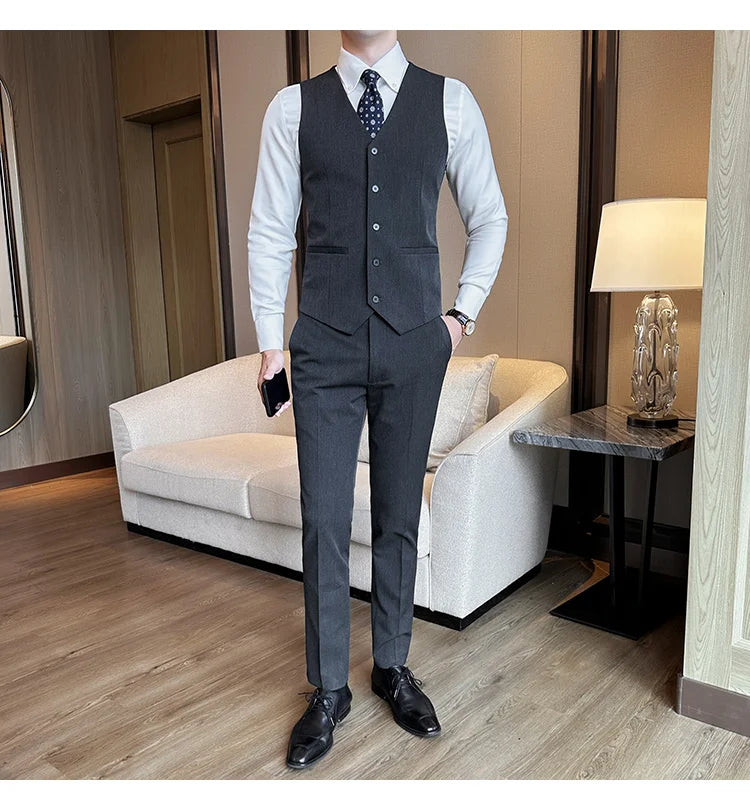 ( Vest + Pants) Men Luxury High Quality Business Suit Vest 2 pieces Formal Groom Wedding Dress Vest Set Fashion Club Clothing